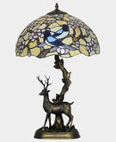 16" Large Tiffany Table Lamp – Birds & Plum Blossom Shade with Reindeer Sculpture Base