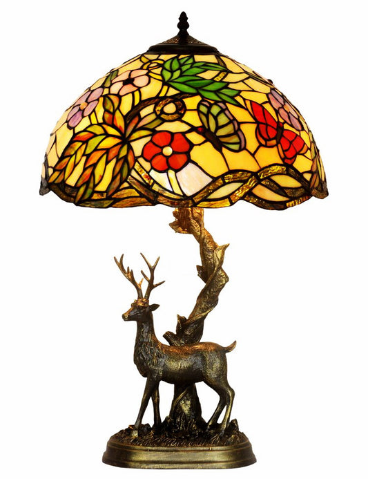 16” Large Tiffany Table lamp Dancing Butterflies on the flowers  with Reindeer Sculpture Base