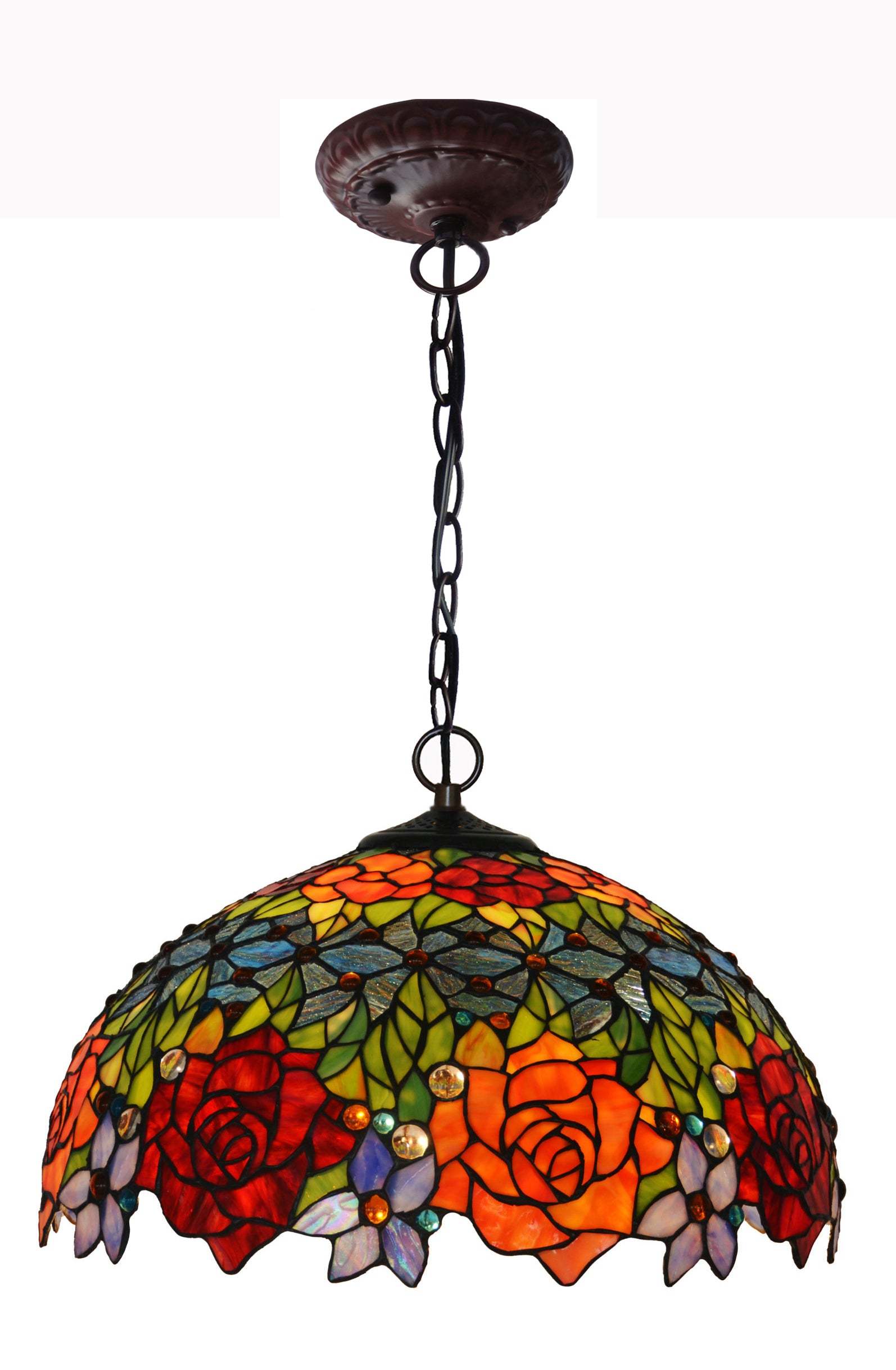 Large 18" Wide  Vintage Style Red Rose Stained Glass Leadlight Tiffany Pendant Light *Limited