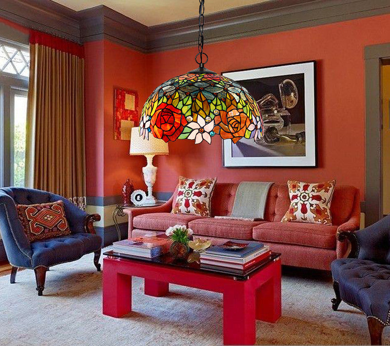 Large 18" Wide  Vintage Style Red Rose Stained Glass Leadlight Tiffany Pendant Light *Limited