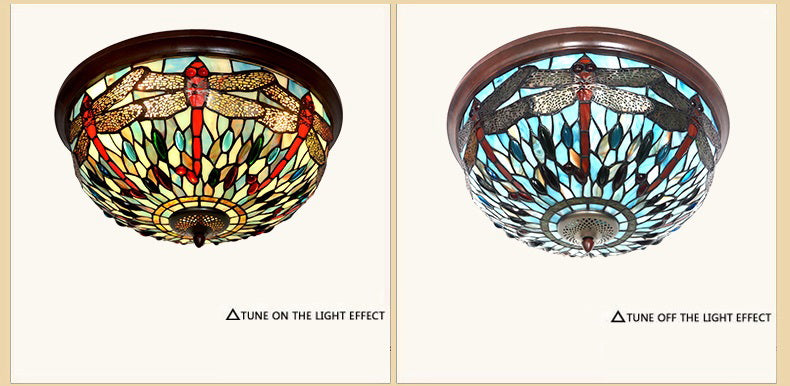 Large 3 lights Dragonfly Tiffany Style  Flush Mount Ceiling Lights