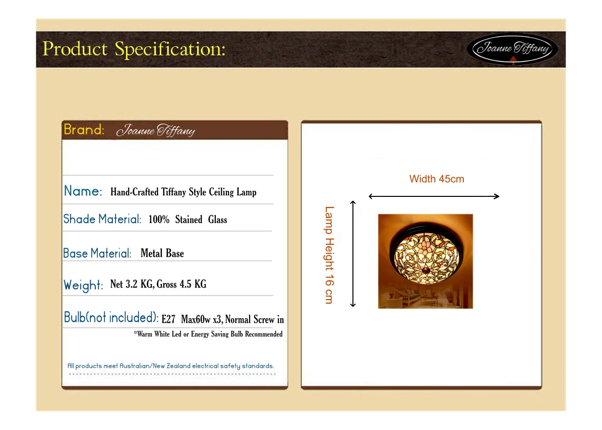 Large Red Rose Tiffany Style  Flush Mount Ceiling Light