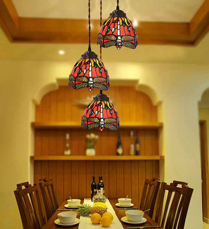 3 light Red Dragonfly Style Tiffany Stained Glass Pendant Lights