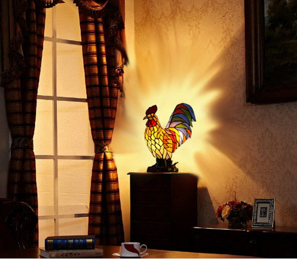 Vivid Colorful Rooster Tiffany Leadlight Art Deco Stained Glass Accent Lamp
