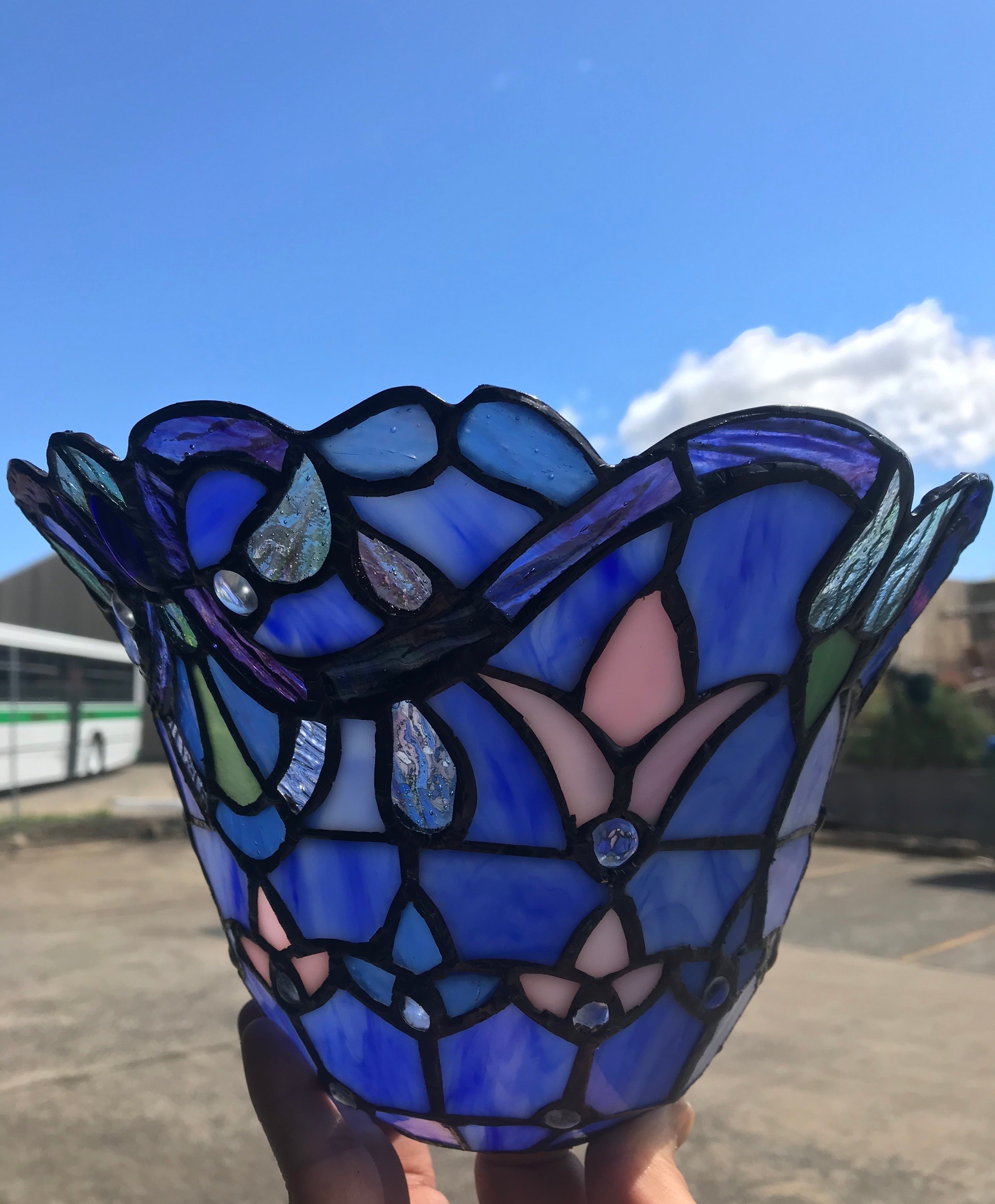 Blue Victorian Leadlight Stained Glass Bridge Arm Tiffany  Floor Lamp